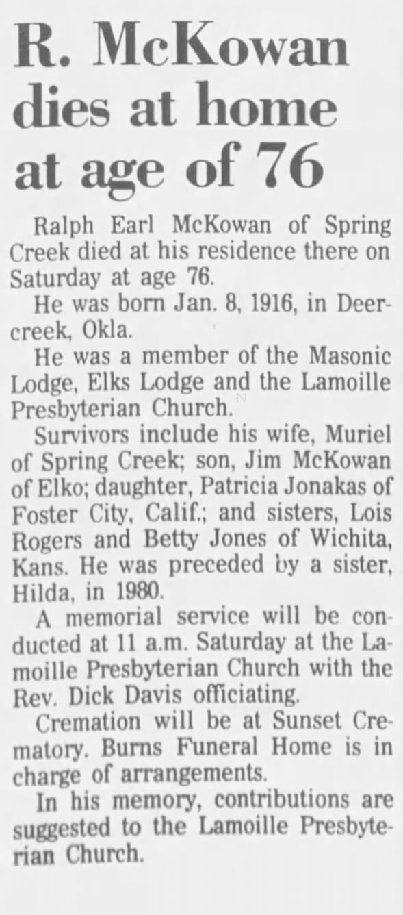 Obituary for Ralph Earl McKowan (Aged 76)
